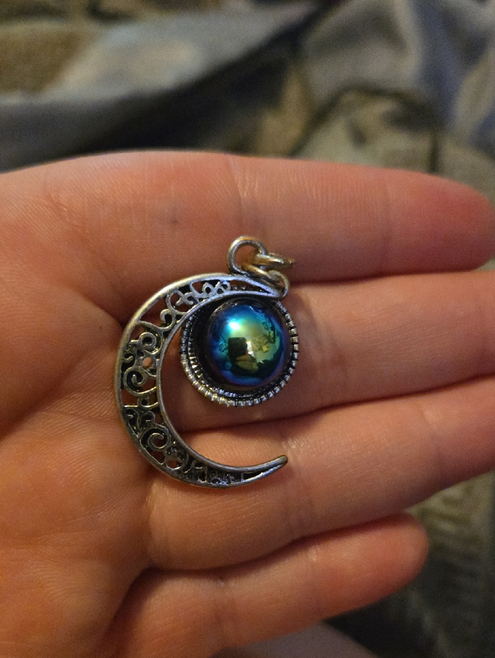 Claire's Silver Crescent Moon Pendant with Iridescent Blue-Green Cabochon